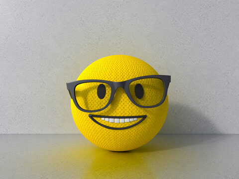 Knitted 3d emoji with glasses smiling on plain background