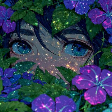Fantasy Anime-Style Close-Up: Girl with Starry Eyes, Glowing Blue-Purple Hair and Floral Aura in Moonlit Garden, Fireflies Illuminating Night Scene