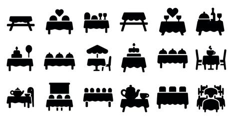 Dining and restaurant silhouette icons set &ndash; flat, filled, food and drink symbols