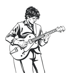 A fretboardist improvising riffs on a hollow-body guitar