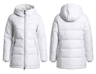 White puffer jacket front and back view with hood, zipper closure and quilted design on transparent background