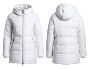 White puffer jacket front and back view with hood, zipper closure and quilted design on transparent background