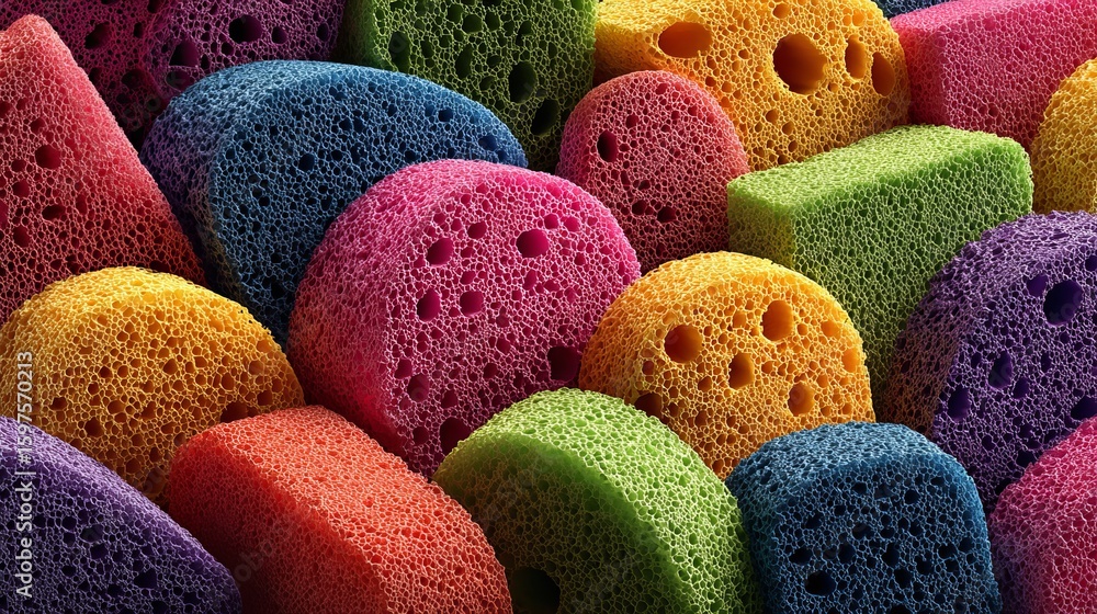 Aufkleber vibrant assortment of colorful porous sponges create a dynamic abstract background texture