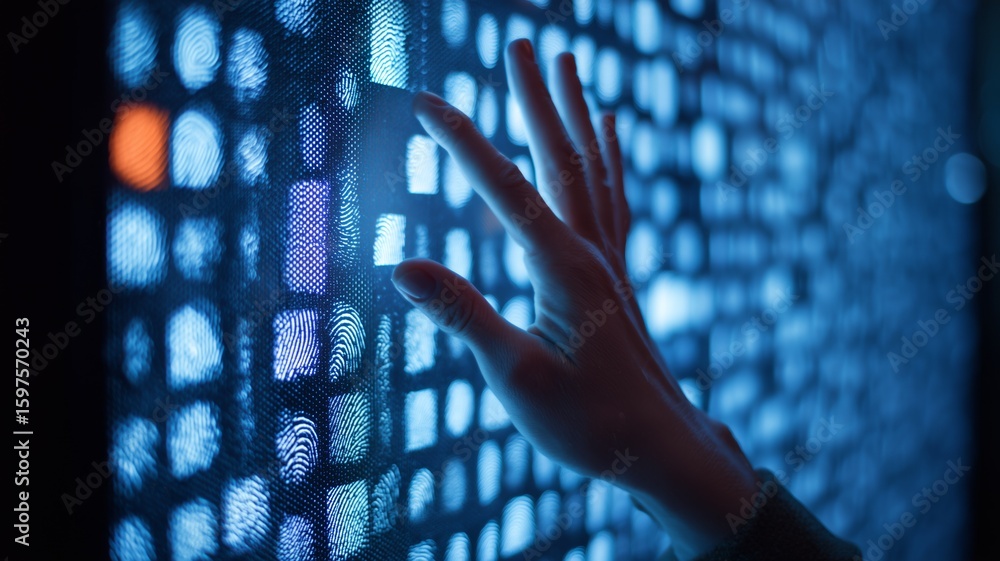 Poster exploring advanced biometric technology with fingerprint scanning and eye recognition in a high-tech