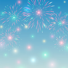 Colorful fireworks on a light background. Pastel colored fireworks on light blue sky. Childhood. Background for festive design, greeting card, invitation. Vector illustration