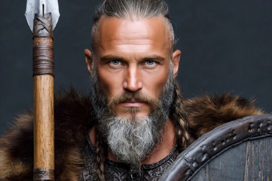 Weapon wielding viking warrior king with spear and shield