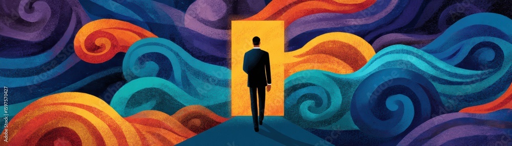 Poster a solitary figure walks into a vibrant, swirling abstract landscape filled with colorful waves and d
