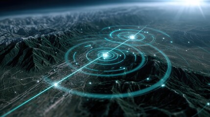 A futuristic digital map overlay highlights two strategic points over a mountainous cityscape under a bright sun, blending technology and terrain.