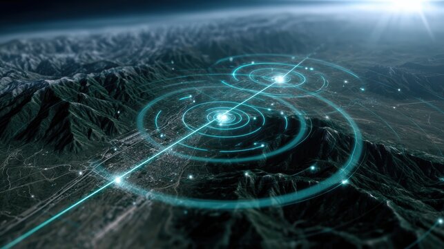 A futuristic digital map overlay highlights two strategic points over a mountainous cityscape under a bright sun, blending technology and terrain. - Powered by Adobe