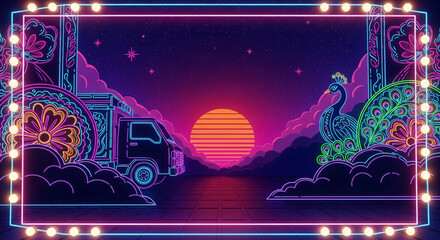 night city skyline, neon, comic, digital illustration, city highlights, pink red orange yellow, truck art, trucks