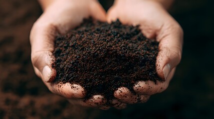 A macro shot of dried coffee grounds held in hands, perfect for use as organic fertilizer against a soft, natural background.