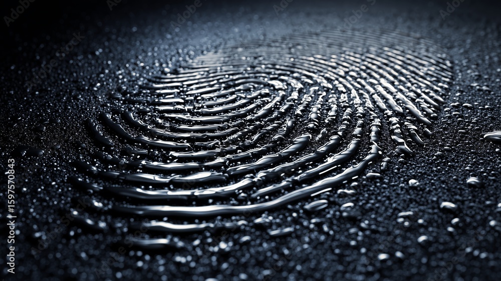 Poster high-tech biometric fingerprint patterns on a reflective surface illuminated by soft lighting