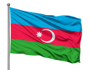 Waving Azerbaijan Flag with Crescent and Star, Side-Angled View, Isolated PNG.