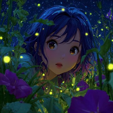 Fantasy Anime-Style Close-Up: Girl with Starry Eyes, Glowing Blue-Purple Hair and Floral Aura in Moonlit Garden, Fireflies Illuminating Night Scene