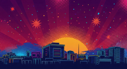 night city skyline, neon, comic, digital illustration, city highlights, pink red orange yellow