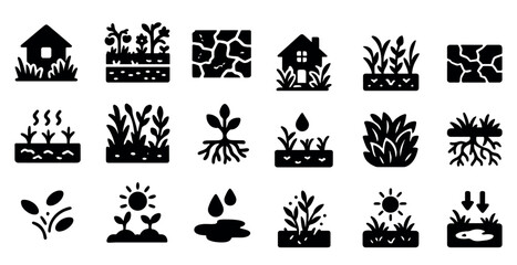 Obraz premium Gardening and agriculture solid icons set – filled, farm, plant growth symbols