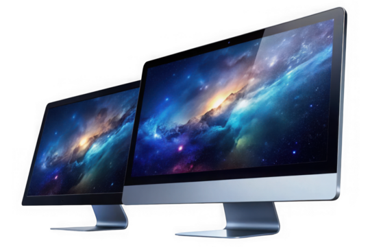 Two modern computer monitors displaying a vibrant nebula isolated on transparent background