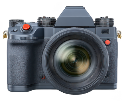 Modern digital camera with large lens and red shutter button isolated on transparent background