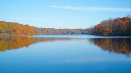 Calm autumn lake, fall colors mirrored