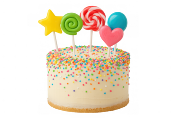 White birthday cake featuring colorful sprinkle decoration, topped with star, swirl, spiral, heart-shaped lollipops against transparent backdrop