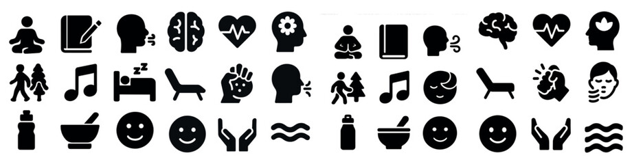 Health and wellness solid icons set – fitness, mental health, lifestyle symbols
