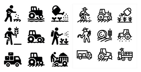 Fototapeta premium Agriculture and farming filled icons set – solid, harvest, rural lifestyle graphics