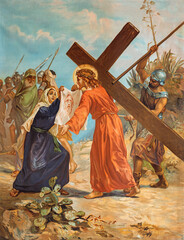 Obraz premium Alessandria - The painting Veronica wipes the face of Jesus as part of Cross way stations in the church Chiesa di Santo Stefano by Luigi Morgari from 20. cent.