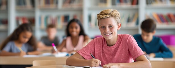 The happy boy enjoying learning in a vibrant classroom setting