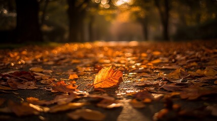 Autumnal path bathed in sunlight. Fallen leaves carpet a pathway in warm autumnal hues
