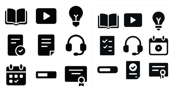 Education and learning solid icons set – filled, study, academic symbols toolbox