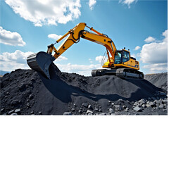 An excavator is digging in the coal mine, with a blue sky and white clouds above it 