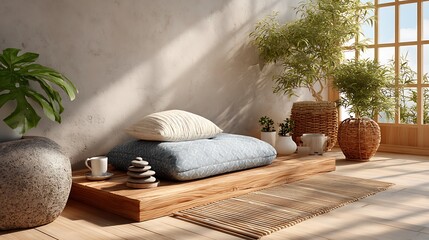 Minimalist indoor meditation setting with floor cushion bathed in sunlight, upper background free for mobile app UI or mindful design overlay concepts