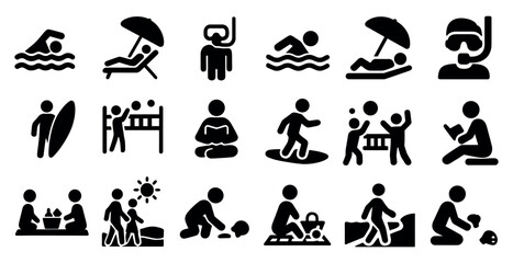 Outdoor activities silhouette icons set – solid, filled, leisure and hobby symbols