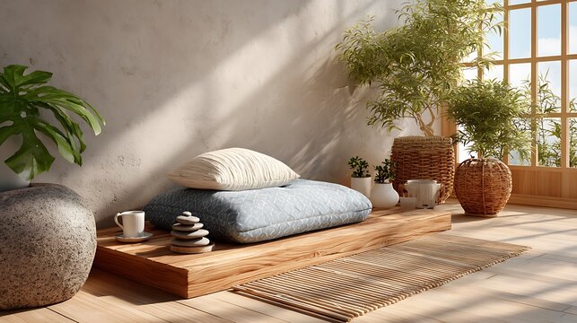 Minimalist indoor meditation setting with floor cushion bathed in sunlight, upper background free for mobile app UI or mindful design overlay concepts
