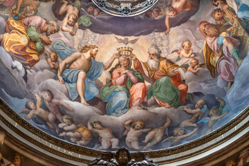 PIACENZA, ITALY - MAY 20, 2025: The fresco of Coronation of Virgin Mary in the Church Basilica di San Francesco by Giuseppe Nuvolone (1681).