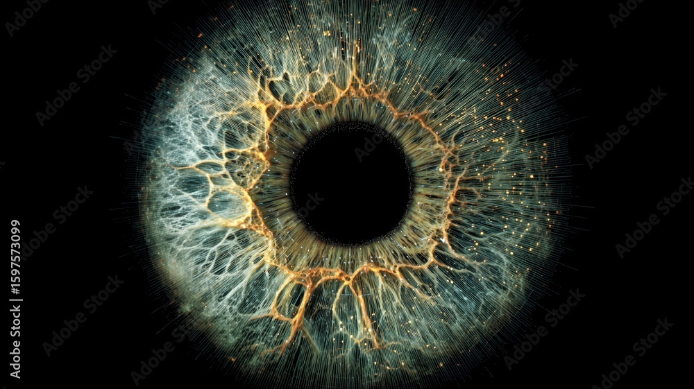 Poster exploring the intricate patterns of biometric eye scanning technology in a darkened environment