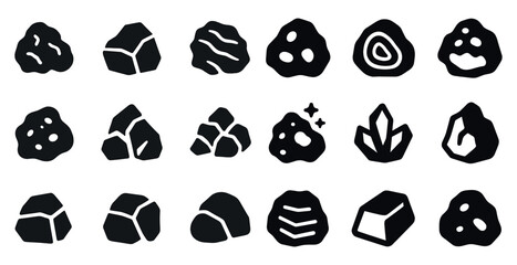 Rock and mineral silhouette icons set – solid, filled, geology and stone symbols