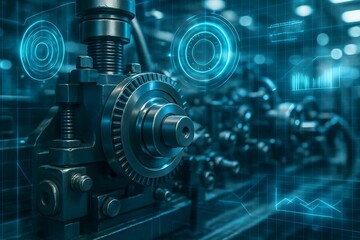 Futuristic industrial machinery with glowing blue digital interface elements
