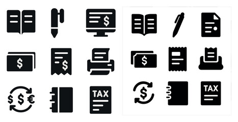 Finance and accounting icons set &ndash; silhouette, solid, taxation and currency symbols