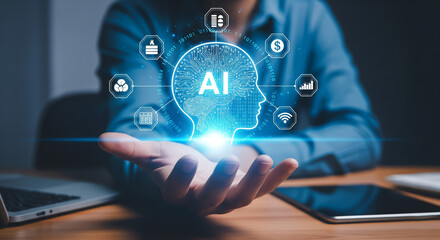 Human hand projecting glowing ai brain with digital icons