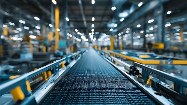 Energy-efficient manufacturing technology. Industrial conveyor belt in a modern warehouse setting.' .