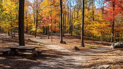 Autumnal forest path with picnic table