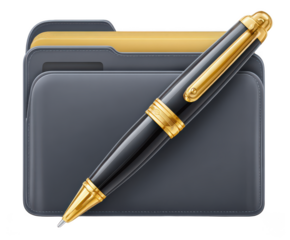 Elegant black and gold pen resting on a gray folder with yellow documents isolated on transparent background