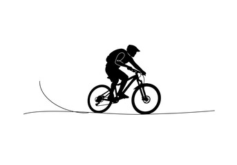 A cyclist with a helmet rides a mountain bike on a dirt path