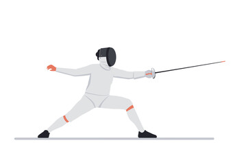 A fencer lunges with a foil face obscured by a dark mask