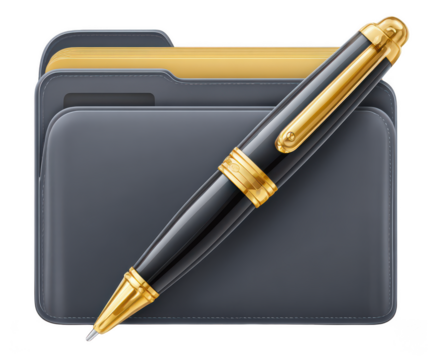Elegant black and gold pen resting on a gray folder with yellow documents isolated on transparent background - Powered by Adobe