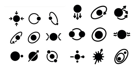 Physics and astronomy solid icons set – filled, science, space exploration symbols