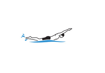 A swimmer in black trunks and swim cap swims freestyle creating blue splashes and ripples