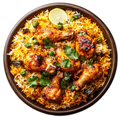 Fototapeta premium Chicken biryani in clay bowl isolated on transparent background