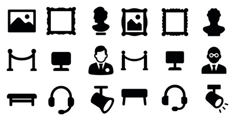 Art gallery solid icons set – silhouette, filled, museum and exhibit symbols